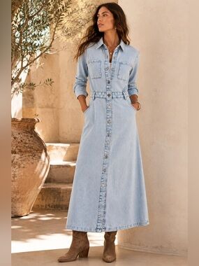 Zara Light Wash Denim Maxi Shirt Dress Button Front Duster Size S